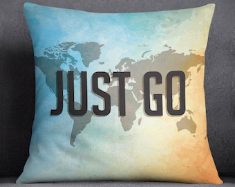 Just Go World Map Colorful Throw Pillow | Travel Gift | World Map Travel Decor | Square Zippered Polyester Pillow Cover & Insert