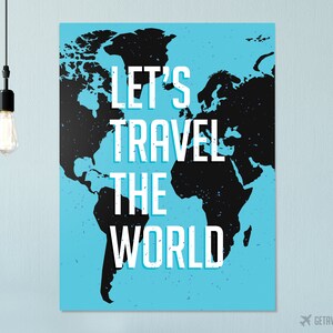 Let&#39;s Travel The World Poster | 18x24&quot; Travel Poster | Blue World Map Couples Wall Art | Travel Gift | Premium Textured Canvas Material