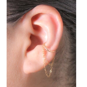 Conch Ear Cuff Earring with Dangling Chain for Non-Pierced Ears in 14K Rose/Gold Filled or .925 Sterling Silver, Fake Faux Piercing.