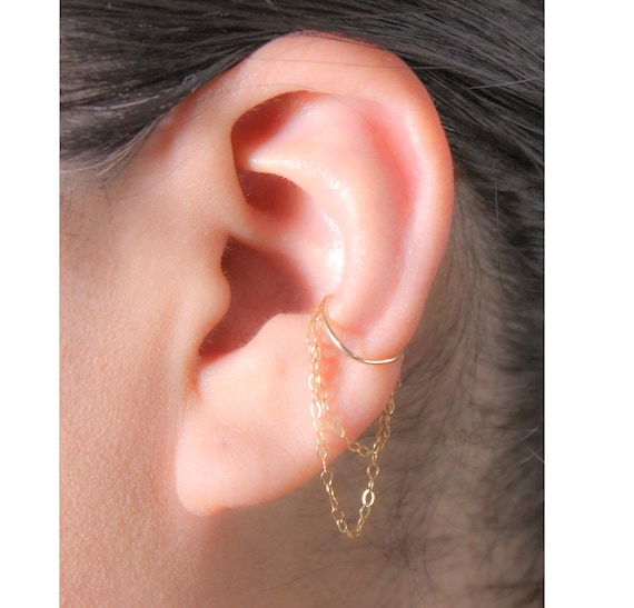 Orbital Ear Cuff Earring with Dangling Chain for Non Pierced Ears in 14K Rose Gold Filled or .925 Sterling Silver Fake Faux Piercing. Etsy