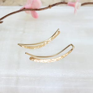 14K Gold Filled Hammered Ear Climber Crawler Earrings Pair, Curved Long Earrings