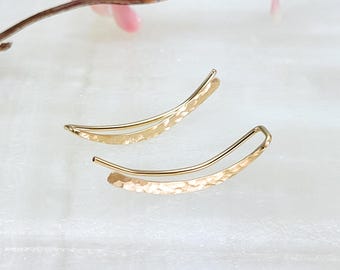 14K Gold Filled Hammered Ear Climber Crawler Earrings Pair, Curved Long Earrings