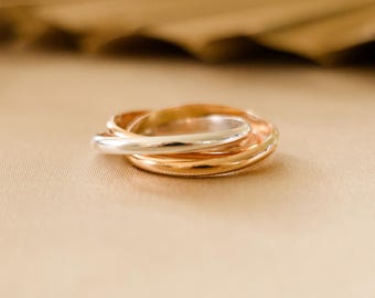 Tri-Color Interlocking Rolling Ring – Sterling Silver & 14K Gold Filled - Mixed Metals Rolling Ring