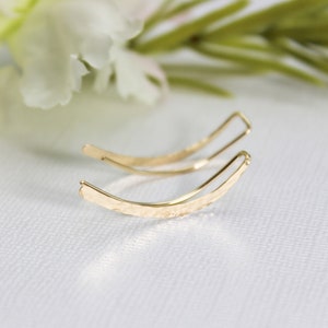 14K Gold Filled Hammered Ear Climber Crawler Earrings Pair, Curved Long Earrings