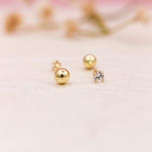 10K Solid Gold and CZ Diamond Double-Sided Stud Earrings – 2 Earrings in 1