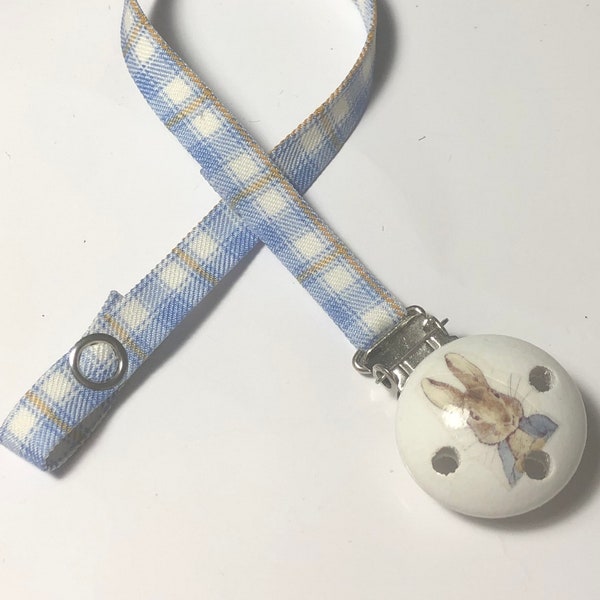 Any 3 for ten pounds!  Lovely blue check cotton ribbon Peter rabbit baby/reborn ribbon dummy clip