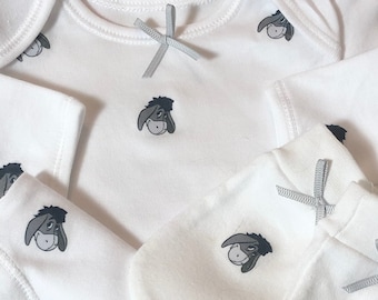 NEWBORN LONG sleeve! Grey Eeyore baby/reborn newborn bodysuit vest & scratch mittens set