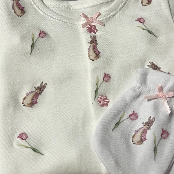FREE matching dummy clip. Beautiful Baby/reborn baby Beatrix potter flopsy and tulips sleepsuit with matching scratch mittens.