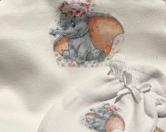 NEWBORN LONG sleeve Dumbo Baby/reborn newborn  bodysuit vest and scratch mittens set