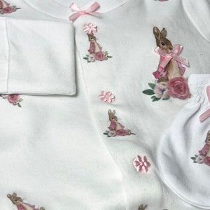 FREE matching dummy clip! Newborn or 0-3 mths handmade baby flopsy rabbit sleepsuit with matching scratch mitts