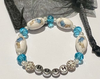 Peter rabbit polymer clay and crystal beads stretch bracelet. Choose size