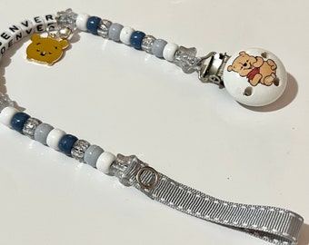 New grey and denim blue baby Pooh personalised dummy pacifier clip