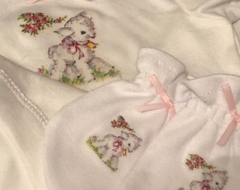 NEWBORN LONG sleeveVintage Baby lamb Baby/reborn newborn short sleeve bodysuit vest and scratch mittens set