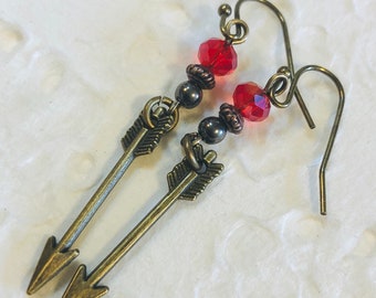 Bronze Arrow Earrings with Red Crystal Beads, Drop Pierced, Archer, Horse Lover, Peace, Artemis