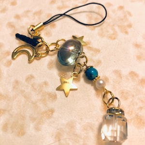 Moon & Stars Phone Charm, Teal Blue Bead, White Faux Pearl beads,Cell Phone Strap Lanyard, Phone Bling, Jack Dust plug, Gold Tone, Celestial