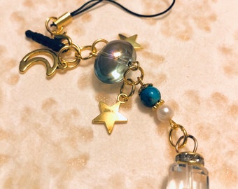 Moon & Stars Phone Charm, Teal Blue Bead, White Faux Pearl beads,Cell Phone Strap Lanyard, Phone Bling, Jack Dust plug, Gold Tone, Celestial