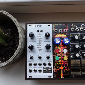 以下が含まれることがあります： 前面に「Plaits」と印刷された白黒のシンセサイザーモジュール。モジュールは、前面に「CUMBIA」と印刷された黒いシンセサイザーモジュールの隣にあります。モジュールは、赤、黄、緑、青のアクセントが付いたカラフルなグラフィックデザインです。モジュールは白い表面にあります。
