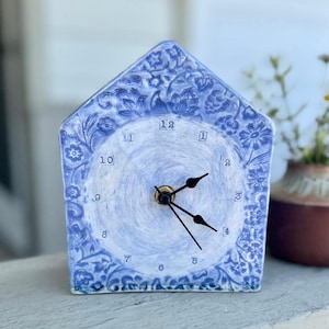 Cobalt Blue Ceramic Clock, Floral Vine Motif, Silent Mechanism, Cottage Decor