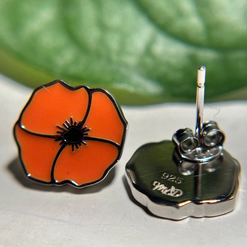 California Poppy Earrings, Mothers Day Gift, Graduation, Minimalist Studs, Dainty, Orange Enamel, 925 Silver, Birthday, Gift for Her image 3