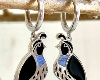 California Quail Bird Earrings, Unique, Silver Huggies, Dainty, Charm, Blue & Black Enamel, Birthday, Mother’s Day, Spring, Gift for Her