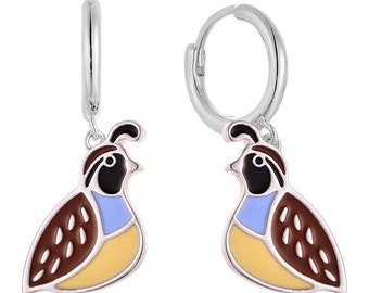 California Quail Bird Earrings, Unique, Silver Huggies, Dainty, Charm, Blue, Brown, & Yellow Enamel, Birthday, Morher’s Day, Gift for Her