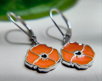 California Poppy Earrings, Mother’s Day, Minimalist, Dainty, Orange Enamel, Sterling Silver, Birthday, Spring, Super Bloom, Gift for Her