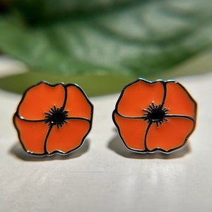 California Poppy Earrings, Mothers Day Gift, Graduation, Minimalist Studs, Dainty, Orange Enamel, 925 Silver, Birthday, Gift for Her image 2