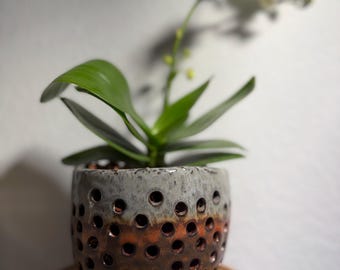 Vaso per orchidee in ceramica smaltata blu e rame, mini fioriera per Phalaenopsis, decorazione per la casa unica, regalo per la festa della mamma.