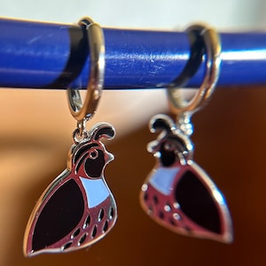 California Quail Earrings, 925 Sterling Silver Huggies, Blue Enamel Charm