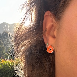 California Poppy Earrings, Mothers Day Gift, Graduation, Minimalist Studs, Dainty, Orange Enamel, 925 Silver, Birthday, Gift for Her image 7