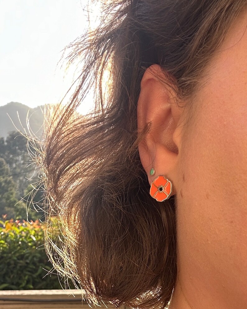 California Poppy Earrings, Mothers Day Gift, Graduation, Minimalist Studs, Dainty, Orange Enamel, 925 Silver, Birthday, Gift for Her image 7