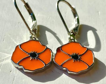 California Poppy Earrings, Sterling Silver Dangle, Orange Enamel, Lever Back