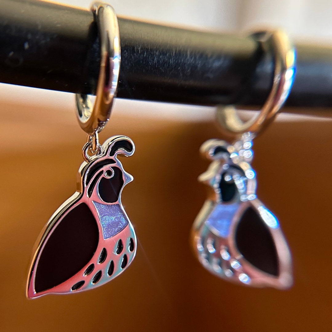 California Quail Earrings, Minimalist, Dainty, 925 Silver, Blue and