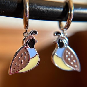 California Quail Earrings, 925 Sterling Silver Huggies, Colorful Enamel Charm