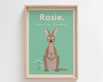 Personalised Birth Print / Australian Animal / Birth Poster / Nursery Art / Nursery Artwork / Baby Room Print / Nursery Decor / Kangaroo