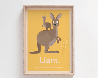 Personalised Birth Print / Australian Animal / Birth Poster / Nursery Art / Nursery Artwork / Baby Room Print / Nursery Decor / Kangaroo
