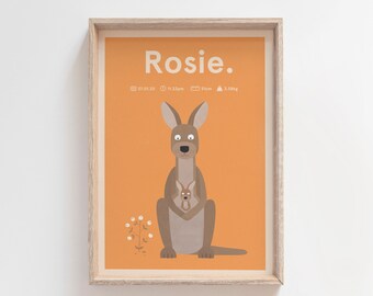 Personalised Birth Print / Australian Animal / Birth Poster / Nursery Art / Nursery Artwork / Baby Room Print / Nursery Decor / Kangaroo