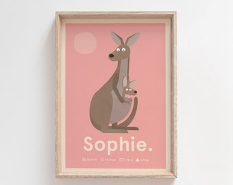 Personalised Birth Print / Australian Animal / Birth Poster / Nursery Art / Nursery Artwork / Baby Room Print / Nursery Decor / Kangaroo