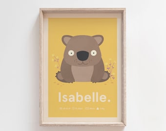 Personalised Birth Print / Australian Animal / Australiana / Nursery Art / Nursery Artwork / Wombat / Baby Room Decor