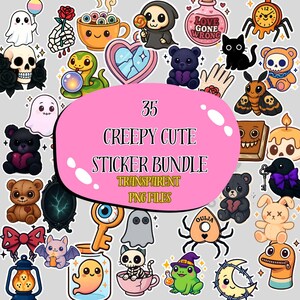 Może przedstawiać: Zestaw 35 naklejek "Creepy Cute" z różnymi wzorami, w tym duchami, misiami, czaszkami i innymi upiornymi ilustracjami. Naklejki to przezroczyste pliki PNG, idealne do użytku cyfrowego.