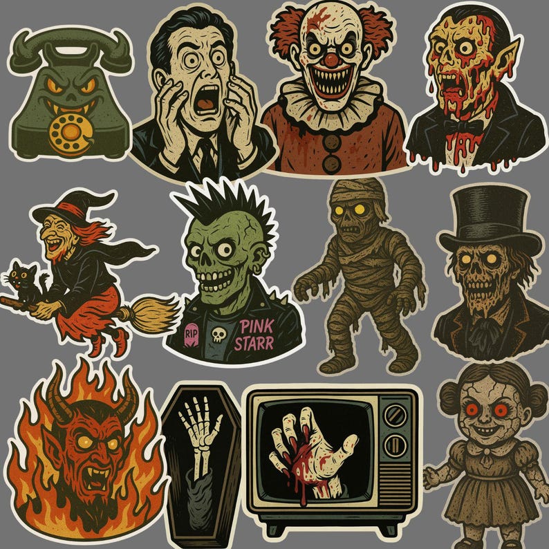May include: A collection of vintage-style Halloween stickers featuring various spooky characters. Includes a green monster phone, a screaming man, a clown, a vampire, a witch on a broom, a zombie, a mummy, a devil, a coffin, a TV with a bloody hand, and a creepy doll.
