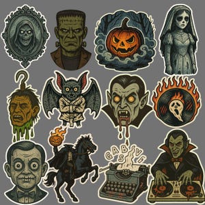 May include: A collection of Halloween-themed stickers featuring classic monsters and spooky imagery. Includes Frankenstein's monster, a vampire, a jack-o'-lantern, a ghost, and a headless horseman. The stickers have a vintage, cartoonish style with a gray background.