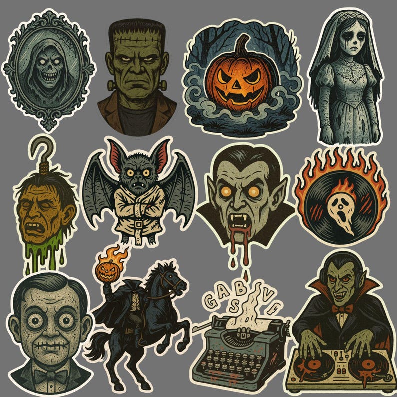 May include: A collection of Halloween-themed stickers featuring classic monsters and spooky imagery. Includes Frankenstein's monster, a vampire, a jack-o'-lantern, a ghost, and a headless horseman. The stickers have a vintage, cartoonish style with a gray background.
