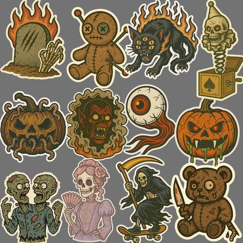 May include: A collection of spooky Halloween-themed stickers. The stickers feature a variety of designs, including a tombstone, voodoo doll, flaming cat, jack-in-the-box skull, pumpkin, eyeball, zombie, skeleton, grim reaper, and teddy bear.