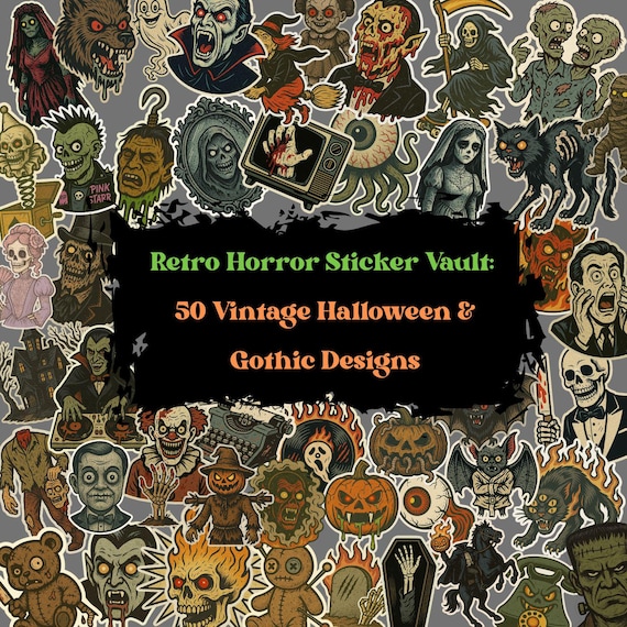 50 Retro Horror Stickers – Vintage Halloween Gothic PNG Bundle (Digital Download)
