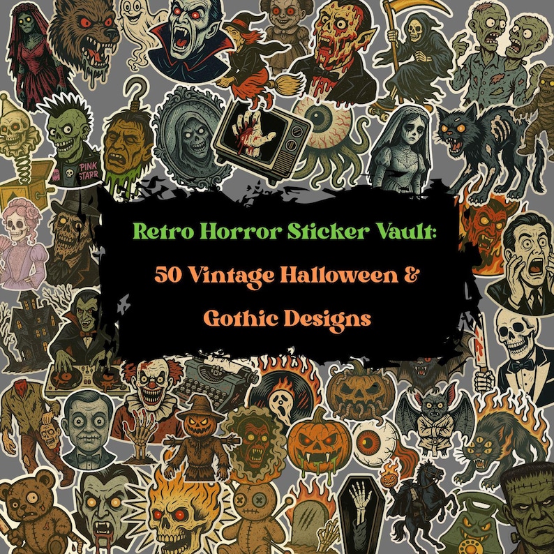 May include: A collection of 50 vintage Halloween and gothic design stickers. The stickers feature various spooky characters, including vampires, zombies, and ghosts, in a variety of colors. Text on the image reads "Retro Horror Sticker Vault".