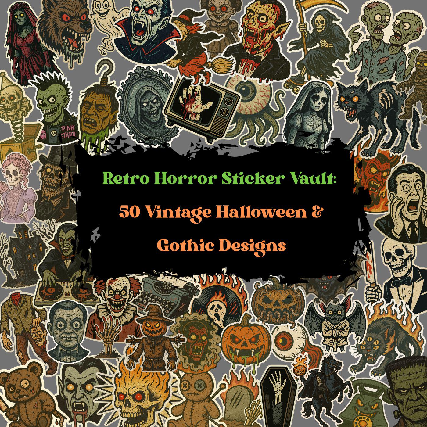 50 Retro Horror Stickers – Vintage Halloween Gothic PNG Bundle (digital ...