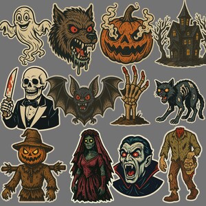 May include: A collection of Halloween-themed stickers featuring a ghost, werewolf, jack-o'-lantern, haunted house, skeleton, bat, zombie hand, black cat, scarecrow, zombie bride, vampire, and headless zombie. Each sticker has a vintage, cartoon style.