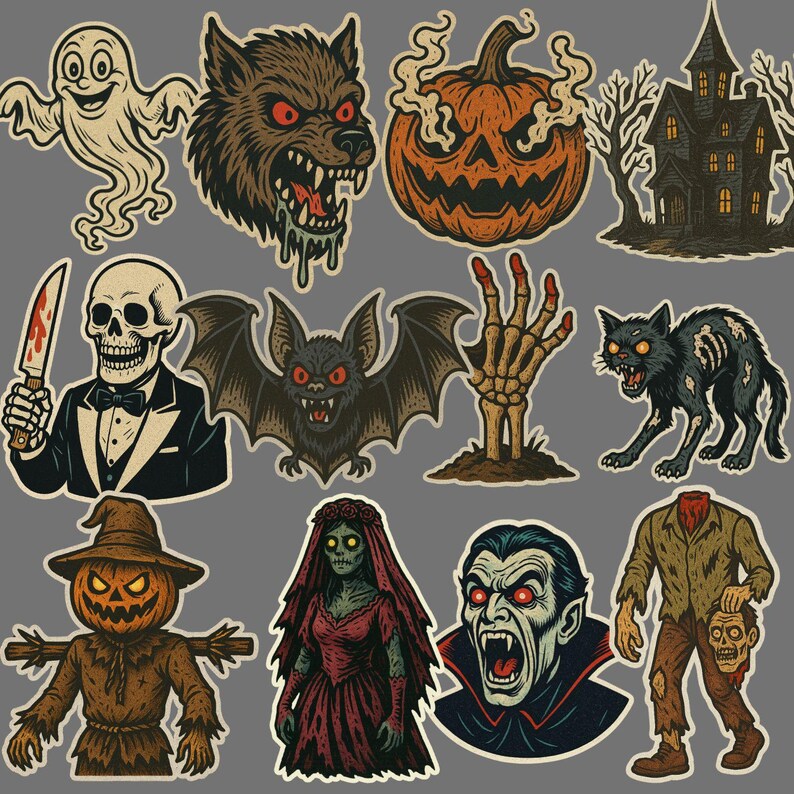 May include: A collection of Halloween-themed stickers featuring a ghost, werewolf, jack-o'-lantern, haunted house, skeleton, bat, zombie hand, black cat, scarecrow, zombie bride, vampire, and headless zombie. Each sticker has a vintage, cartoon style.