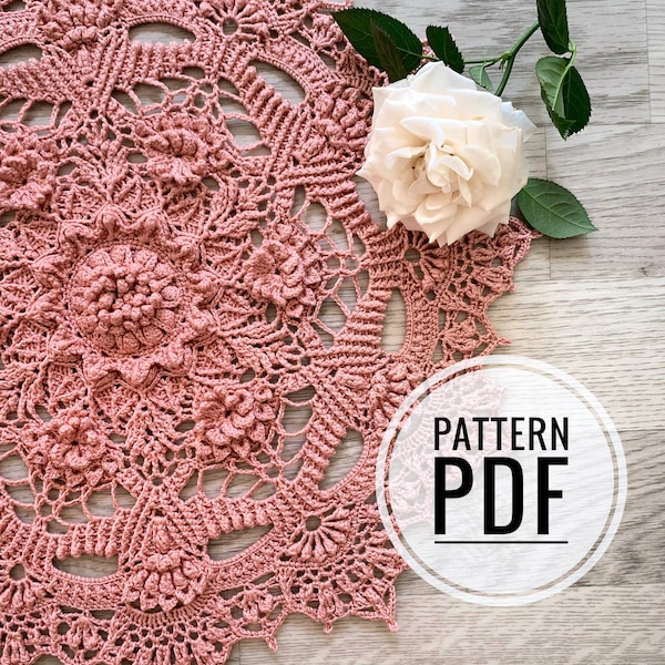 Celine napperon PDF motif écrit conçu par Tanya Vinamor tutoriel pas à pas au crochet décor nappe texturé 3D bricolage artisanat fait à la main